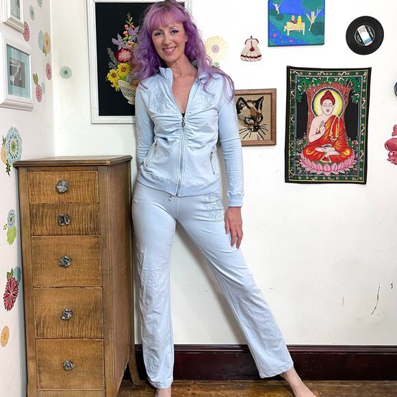 Vintage Vertigo Track Suit, y2k Baby Blue Stretch Knit Pants & Jacket Sz M - Picture 11 of 11
